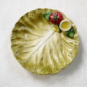Vintage Italian Majolica Cabbage Leaf Plate – Hand Painted Tomato Lemon Italy
